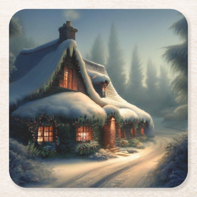Christmas Cottage 3 Square Paper Coaster (Front)