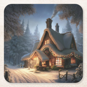 Christmas Cottage 5 Square Paper Coaster