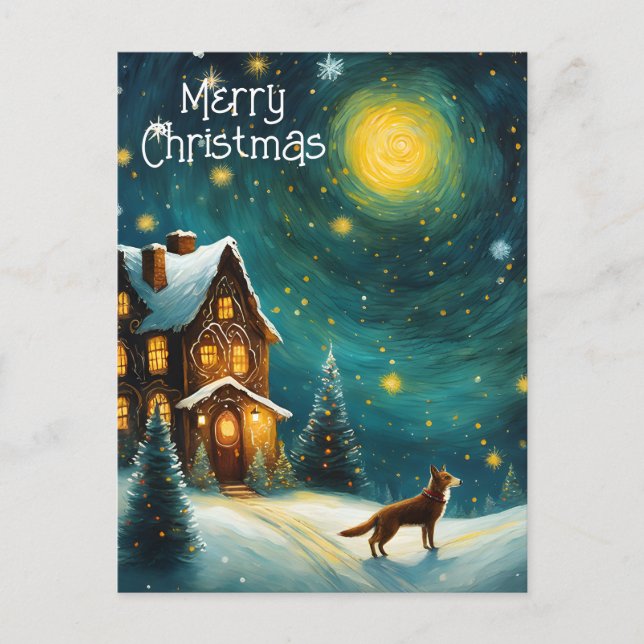 Christmas Cottage Dog Winter Night  Holiday Postcard (Front)