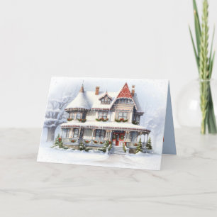Christmas Cottage With Snowflakes Holiday Card