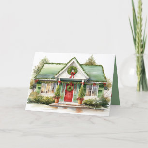Christmas Cottage With Wreath Holiday Card