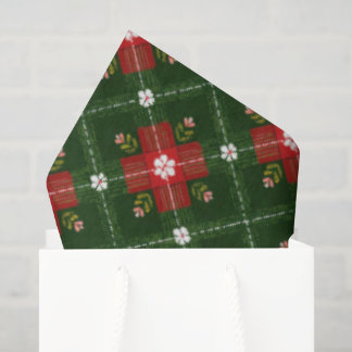 Christmas Cottagecore Plaid with Red Floral Cross Tissue Paper