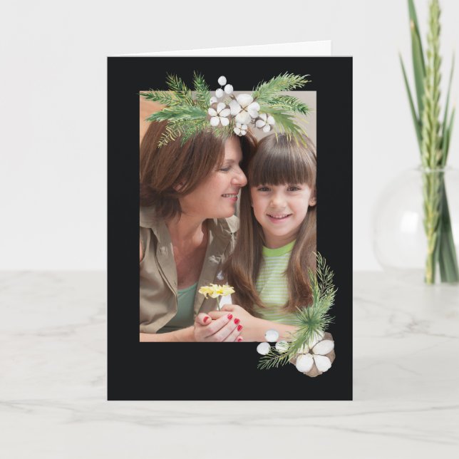 Christmas Cotton Flowers and Fir Branches Photo Card (Front)