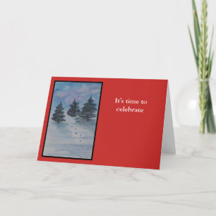 Christmas Country Landscape on Red Holiday Card