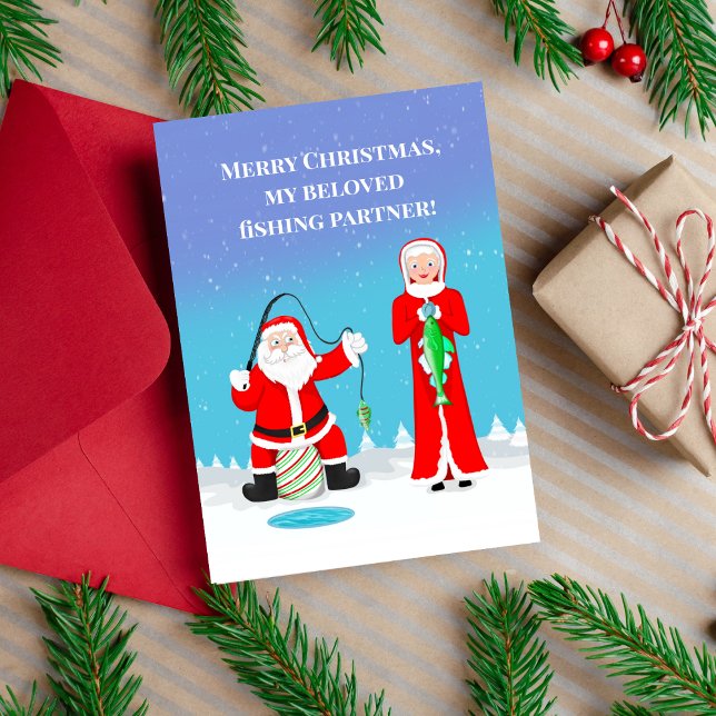 Christmas Couple Fishing Santa & Mrs. Claus  Card (The couple that fishes together- stays together! )