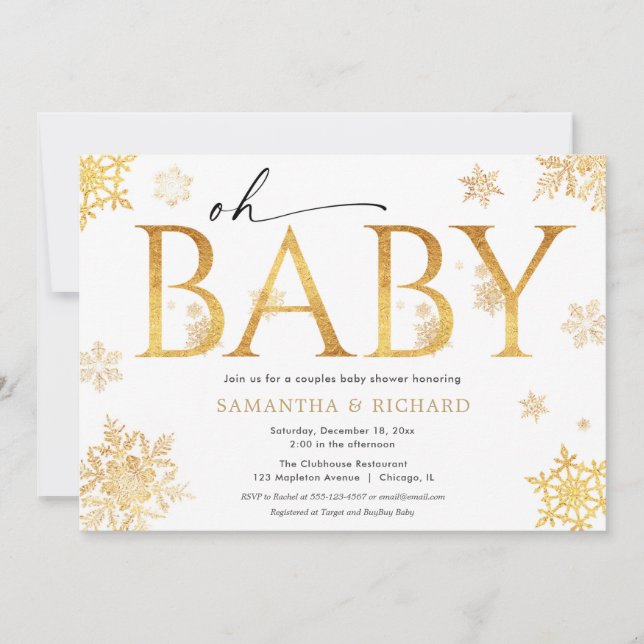 Christmas couples baby shower gold snowflakes invitation (Front)