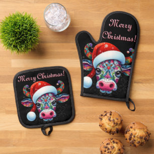 Christmas Cow Bull Santa Hat Mexican Seasonal Oven Mitt & Pot Holder Set
