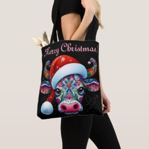 Christmas Cow Bull Santa Hat Mexican Seasonal Tote Bag