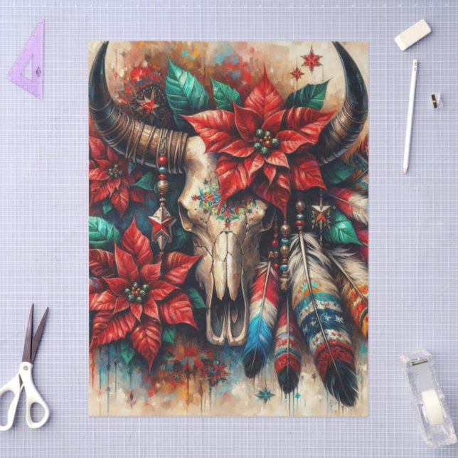 Christmas Cow Bull Skull Poinsettias Decoupage Tissue Paper (Craft)