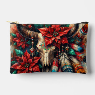 Christmas Cow Bull Skull Poinsettias Feathers Accessory Pouch