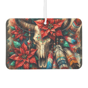 Christmas Cow Bull Skull Poinsettias Feathers Car Air Freshener