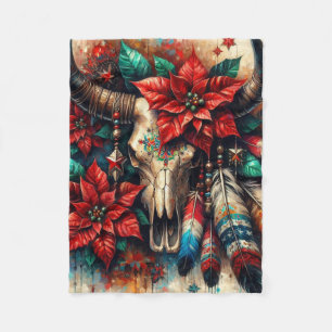 Christmas Cow Bull Skull Poinsettias Feathers Fleece Blanket