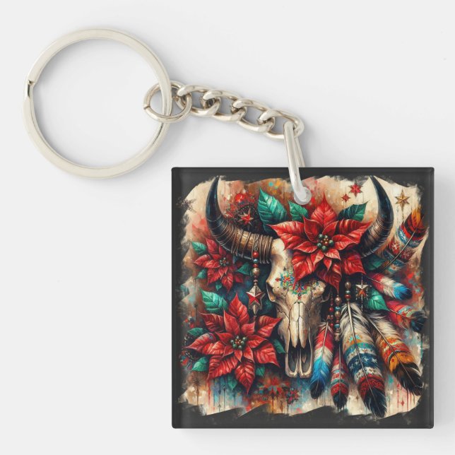 Christmas Cow Bull Skull Poinsettias Feathers Key Ring (Front)