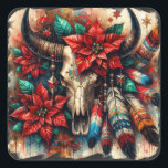 Christmas Cow Bull Skull Poinsettias Feathers Square Sticker<br><div class="desc">Christmas Cow Bull Skull Poinsettias Feathers
Please follow me; I create new designs and products daily!
Feel free to contact me with your design needs.</div>