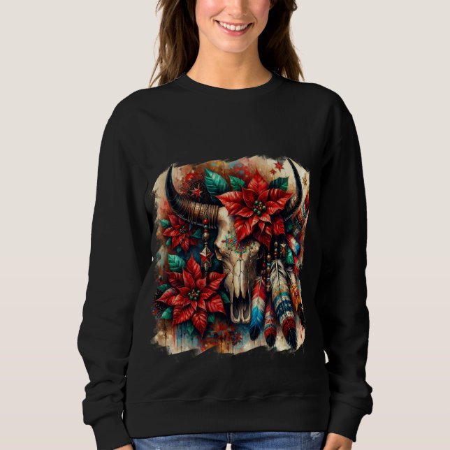 Christmas Cow Bull Skull Poinsettias Feathers Sweatshirt (Front)
