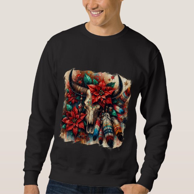 Christmas Cow Bull Skull Poinsettias Feathers Sweatshirt (Front)