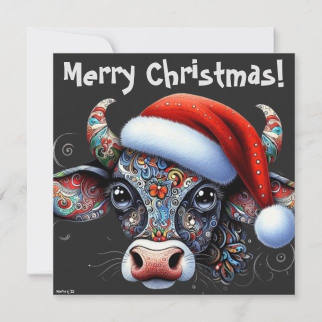 Christmas Cow Bull w/Santa Hat Christmas Card (Front)