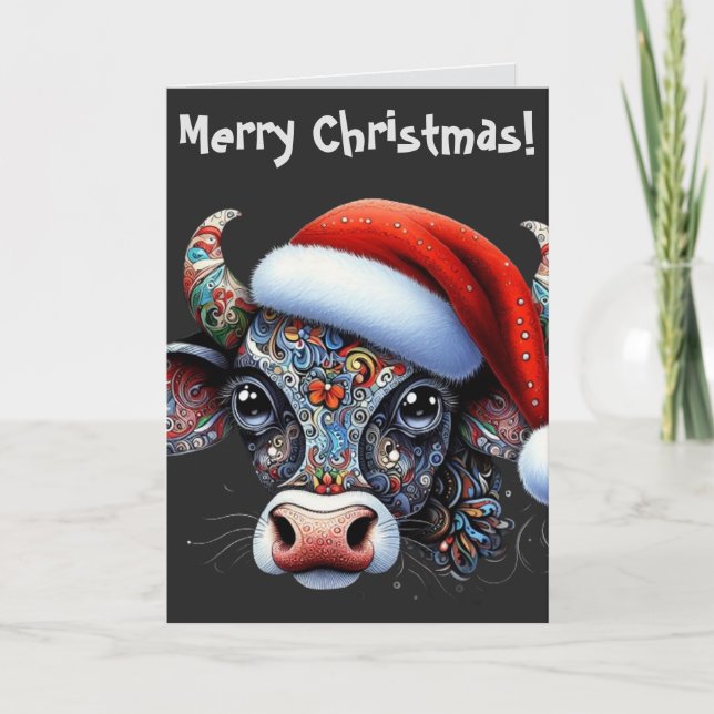 Christmas Cow Bull w/Santa Hat Christmas Card (Front)