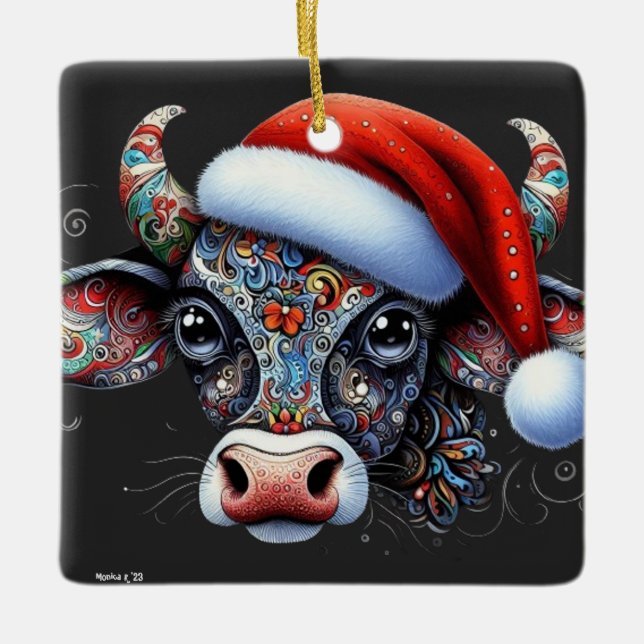 Christmas Cow Bull w/Santa Hat Mexican Folk Art Ceramic Ornament (Front)