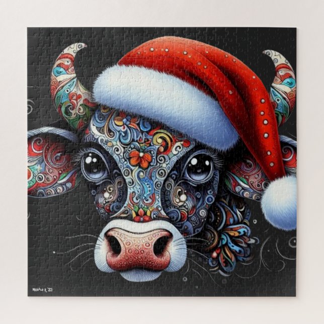 Christmas Cow Bull w/Santa Hat Mexican Folk Art Jigsaw Puzzle (Vertical)