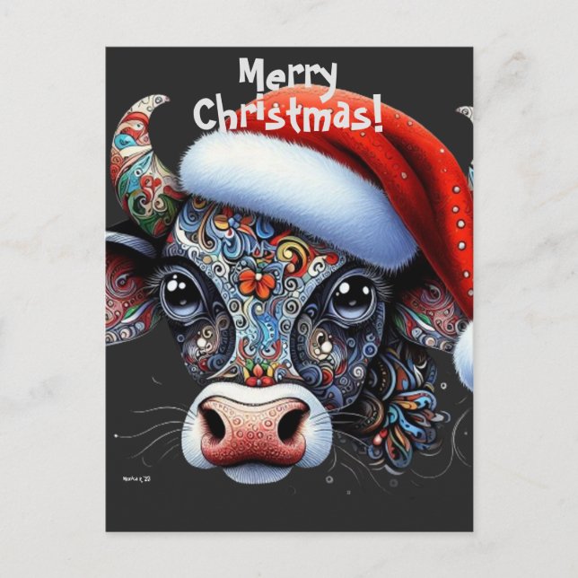 Christmas Cow Bull w/Santa Hat Mexican Folk Art Postcard (Front)
