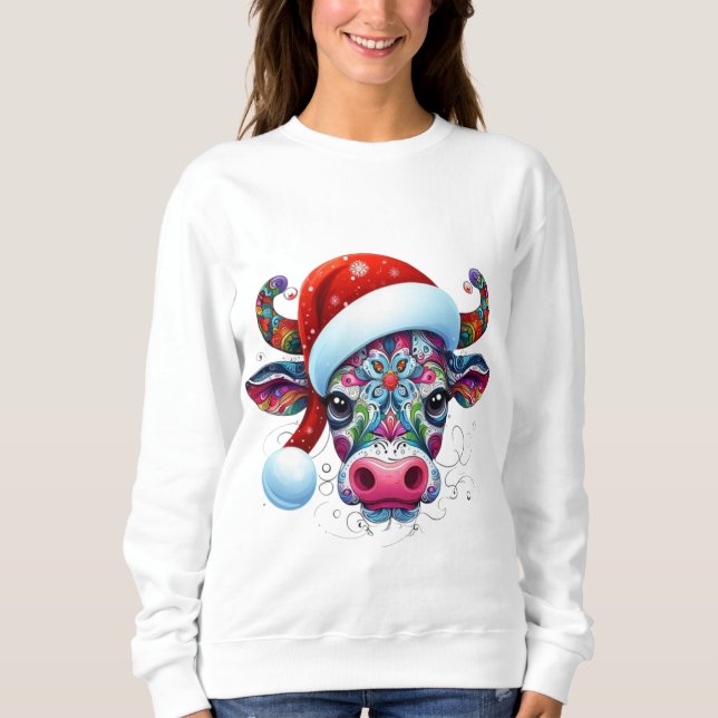 Christmas Cow Bull w/Santa Hat Mexican Folk Art Sweatshirt (Front)