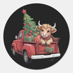 Christmas Cow  Highland Cow in Truck Farm Xmas  Classic Round Sticker