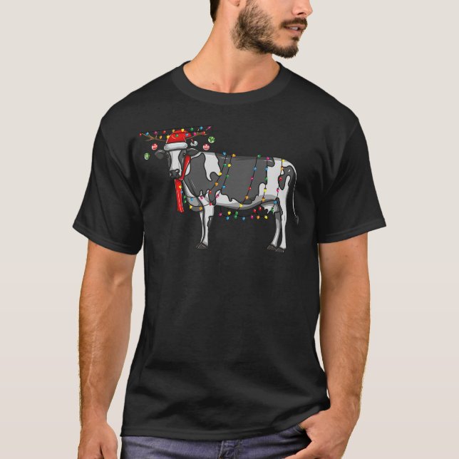 Christmas Cow Holiday Lights With Antlers And Orna T-Shirt (Front)