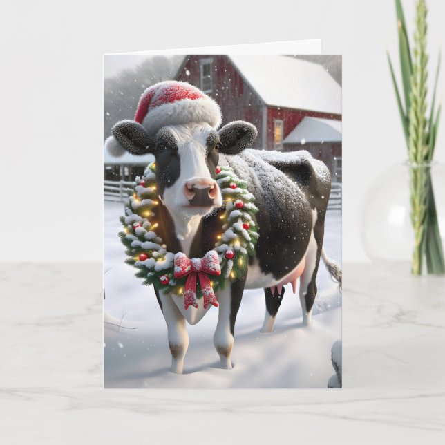 Christmas Cow In Barnyard Holiday Card (Front)