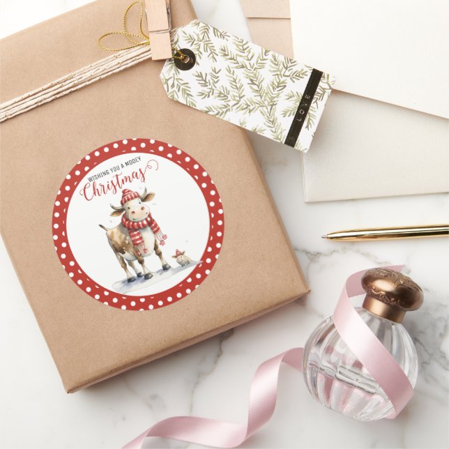 Christmas Cow Pun  Classic Round Sticker (Gifting)
