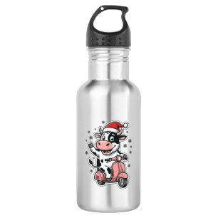 Christmas Cow Riding Pink Scooter Vintage Vector_1 532 Ml Water Bottle