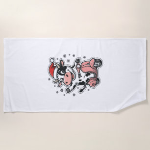 Christmas Cow Riding Pink Scooter Vintage Vector_1 Beach Towel