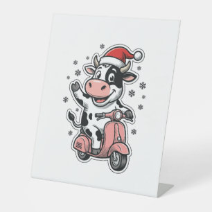 Christmas Cow Riding Pink Scooter Vintage Vector_1 Pedestal Sign