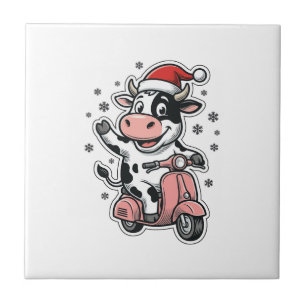Christmas Cow Riding Pink Scooter Vintage Vector_1 Tile