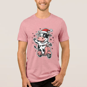 Christmas Cow Riding Pink Scooter Vintage Vector_1 Tri-Blend Shirt