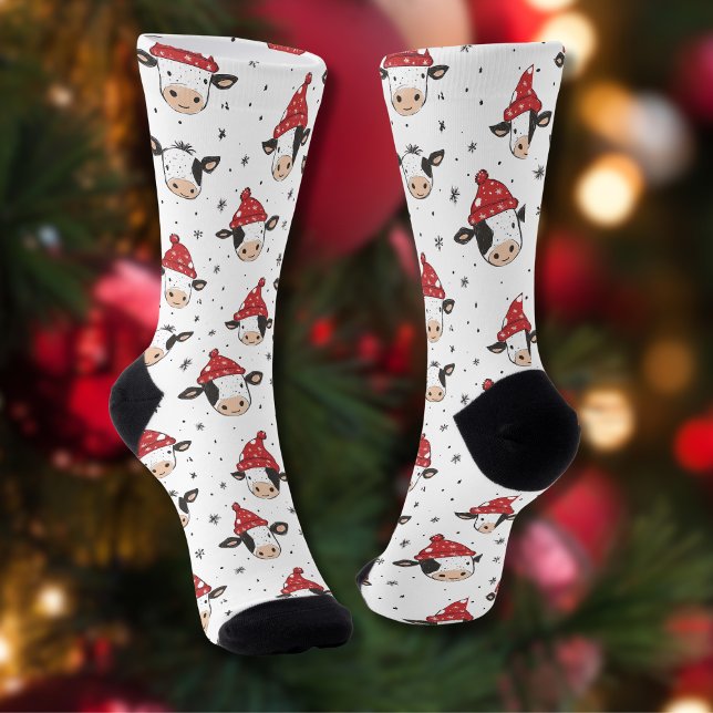 Christmas Cow Santa Cute Red Black and White Socks (Creator Uploaded)