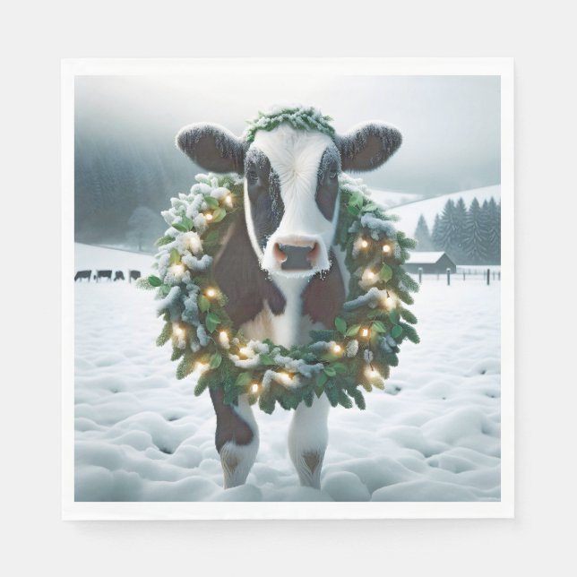 Christmas Cow Wearing a Wreath Napkin (Front)