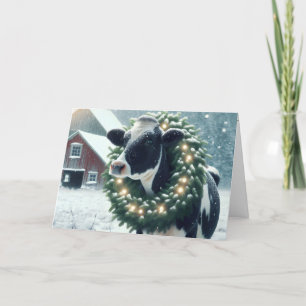 Christmas Cow With Glowing Wreath Holiday Card