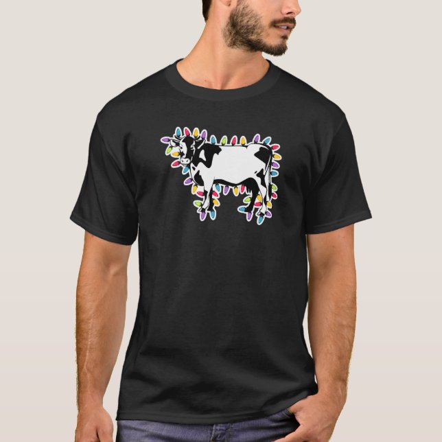 Christmas Cow Wrapped In Coloured String Lights T-Shirt (Front)