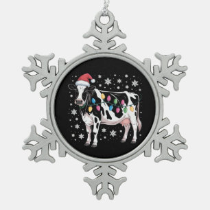 Christmas Cow Xmas Lights Santa Hat Farm Holiday Snowflake Pewter Christmas Ornament