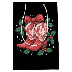 Christmas Cowboy Boots Holly Bow Western Country Medium Gift Bag