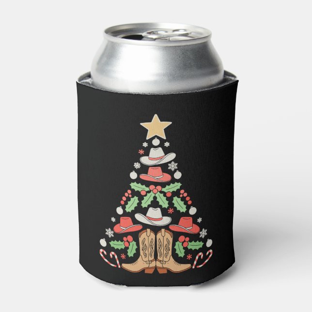 Christmas Cowboy Tree Xmas Dancing Boots West Can Cooler (Can Front)