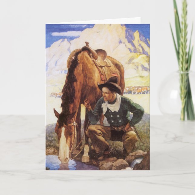 Christmas, Cowboy Watering His Horse by NC Wyeth Holiday Card (Front)