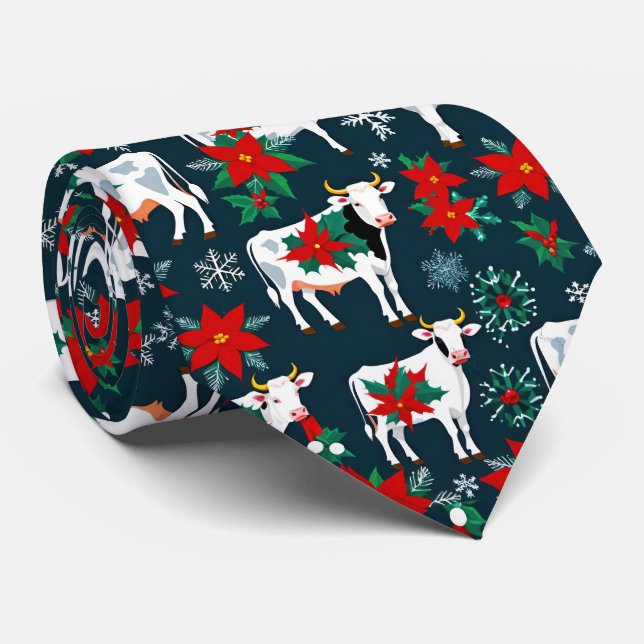 Christmas Cows and Holly Holiday Festive Tie (Rolled)