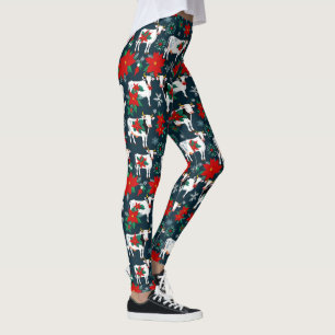 Christmas Cows with Red Poinsettias Floral Leggings