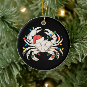 Christmas Crab Santa Hat Xmas Lights Sea Animal Ceramic Tree Decoration