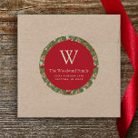 Christmas Cranberry Greenery Pattern Address Classic Round Sticker<br><div class="desc">This festive Christmas return address sticker features a muted red circle on a watercolor winter greenery pattern of cranberry berries,  leaves and sprigs on a green background. Personalise the design with your monogram initial and family name in pale sage green serif font,  with your address below in sans serif.</div>