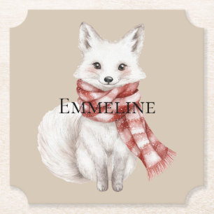 Christmas Cream Red White Peppermint Fox and Deer Paper Coaster