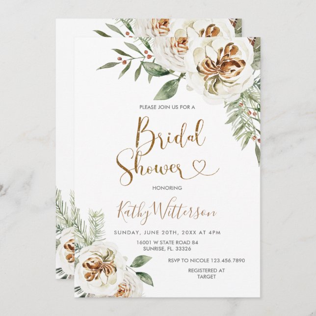 Christmas Creamy White Winter Floral Bridal Shower Invitation (Front/Back)