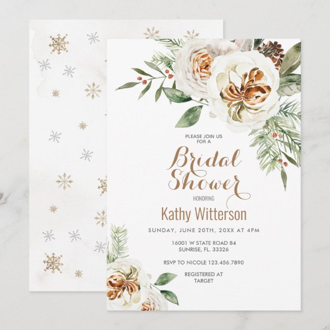 Christmas Creamy White Winter Floral Bridal Shower Invitation (Front/Back)